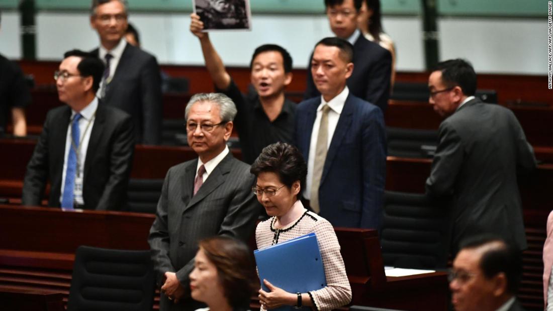 Hong Kong leader's policy address abandoned as lawmakers say she has 'blood on her hands'