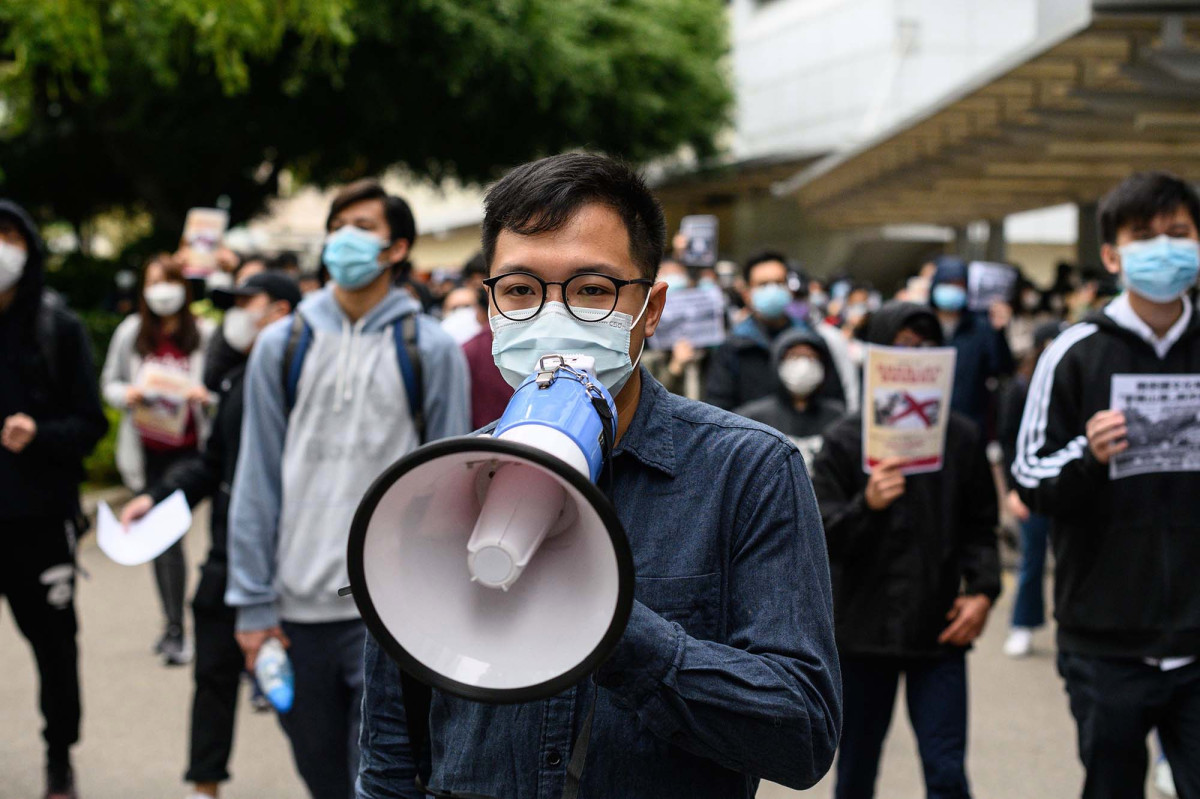 Protesters wearing masks in Hong Kong.