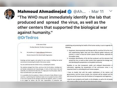 Mahmoud Ahmadinejad: identify the lab that produced and  spread  the virus