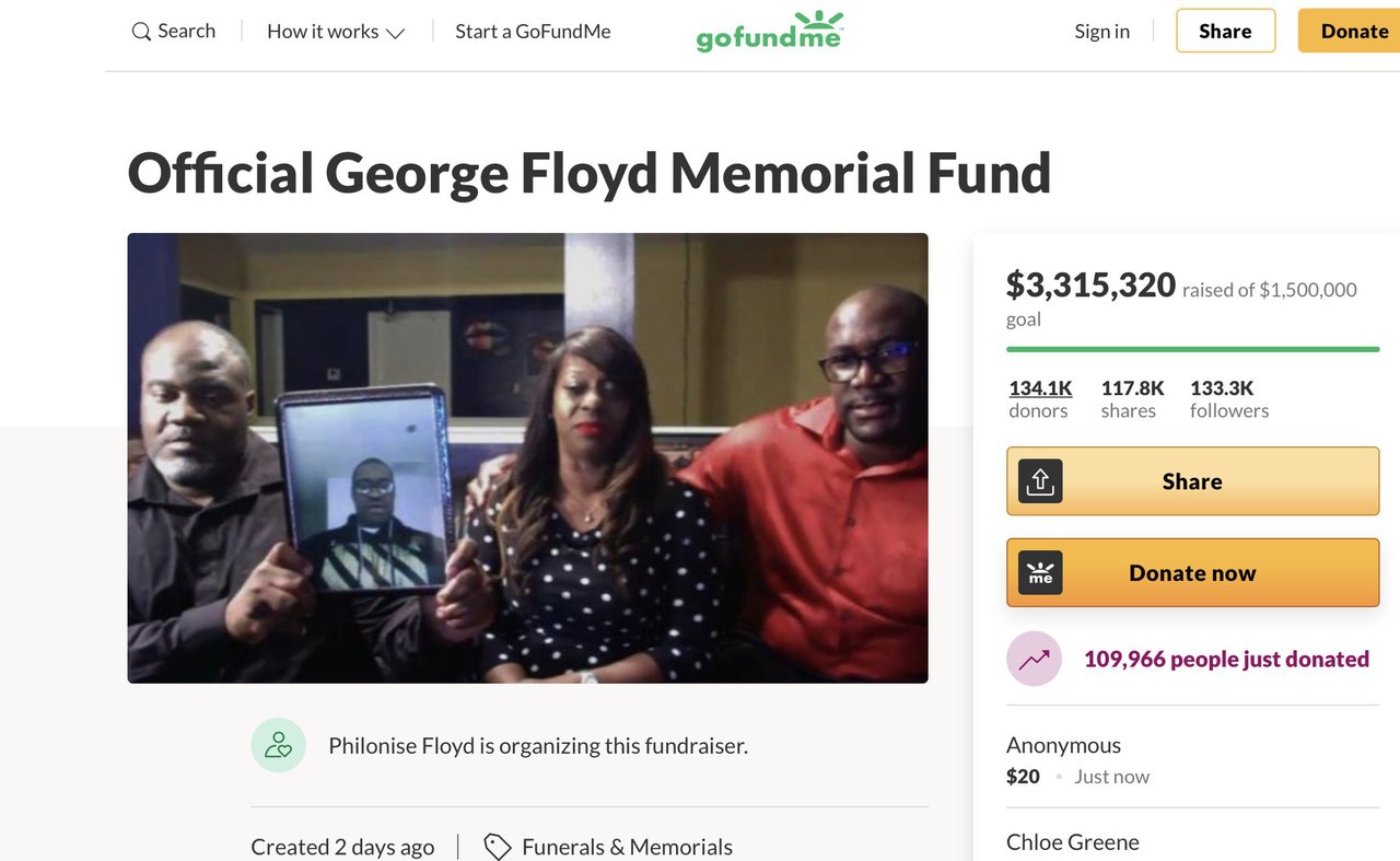 Official George Floyd Memorial Crowd Fund got over $3M in 30 hours
