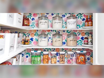 This Pantry Combines Storage and Style with Colorful Wallpaper and Labeled Bins