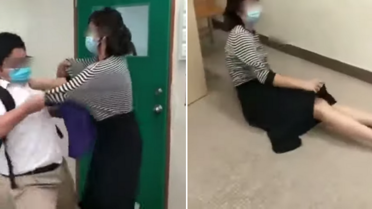 Video shows Hong Kong student shoving teacher to floor after she refused to let him leave classroom