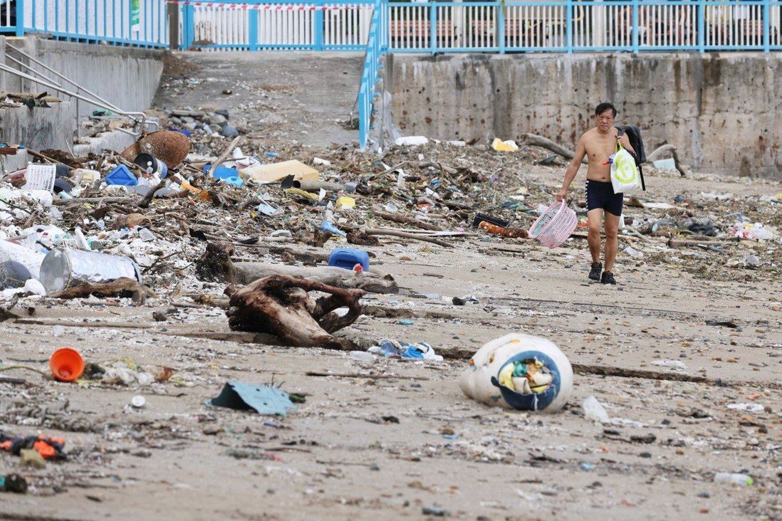 Hong Kong beaches closed as storms expose city’s plastic pollution problem