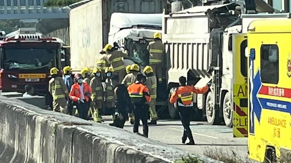 Truck driver trapped in four-car crash in Yuen Long