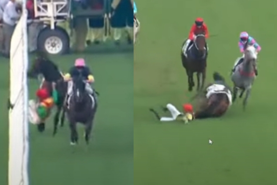 Two jockeys fell off horses in the same race at Sha Tin Racecourse